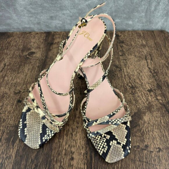 J Crew Odette Strappy Sandals 10.5 Black Cream Snake Embossed Leather Block Heel - Picture 13 of 14